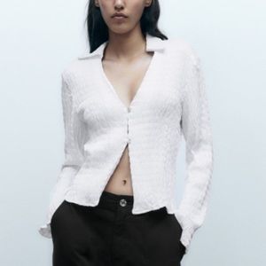 Zara white smocked collared button front long sleeve blouse NWT Small 3067 121